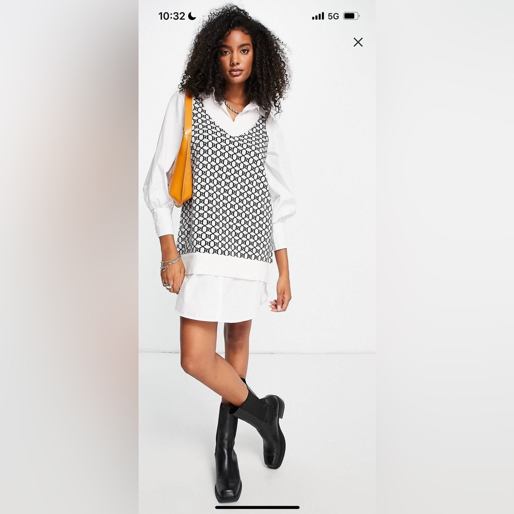 River Island hybrid poplin dress with knitted monogram tank in cream NWT size L